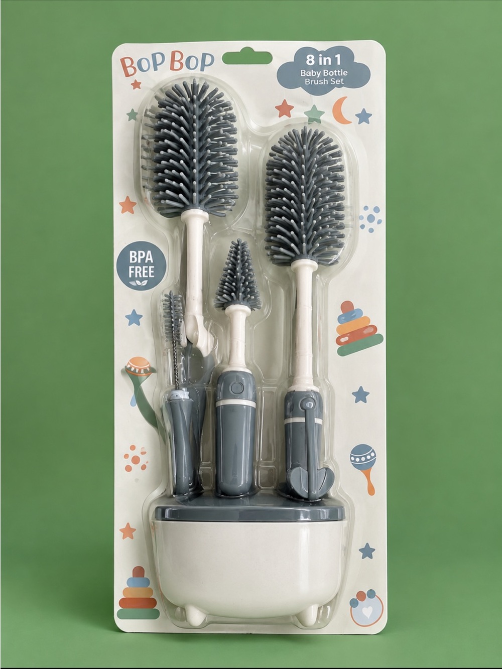Bop Bop baby 8 in 1 Neutral Gray Baby Bottle Brush Set - BPA Free Care Kit.